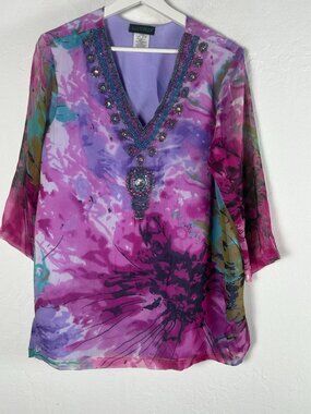 Ulla Popken Beaded V-Neck Tunic Top 12/14 Tie-Dye Floral 3/4 Sleeve Relaxed Fit